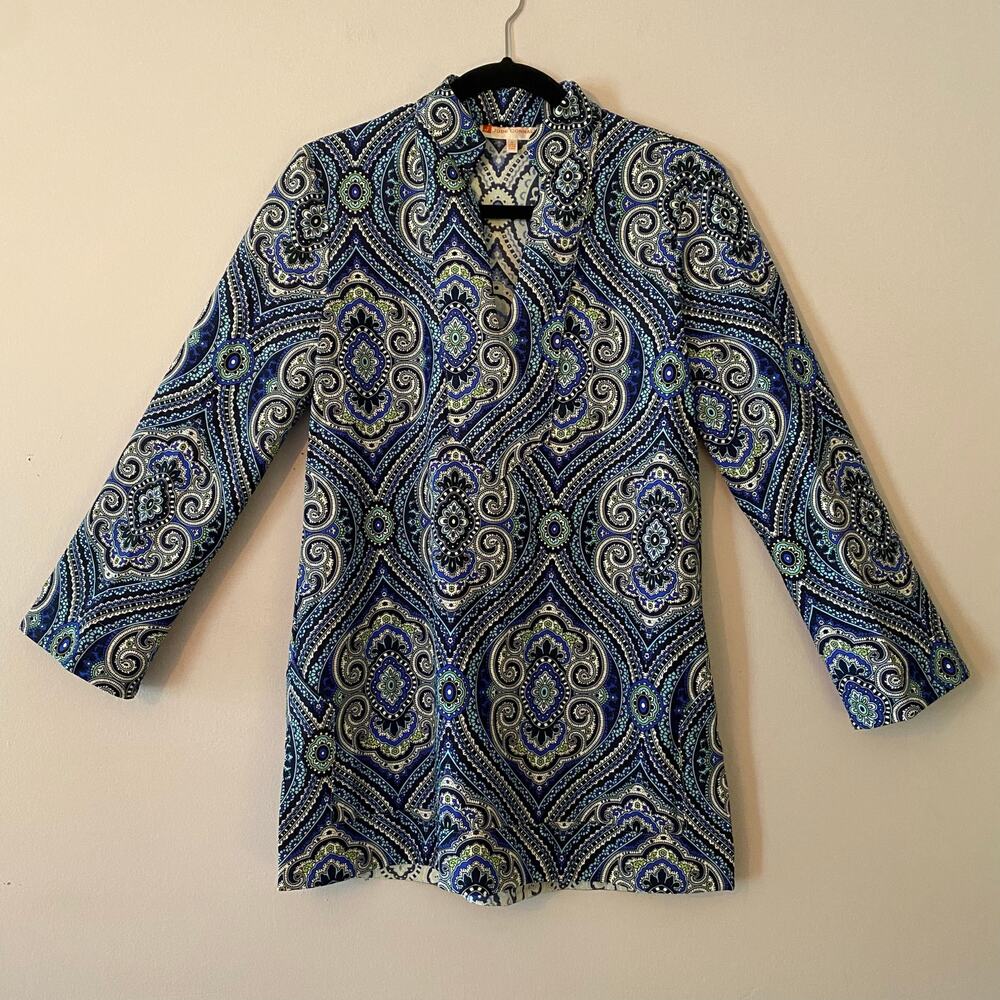 Jude Connally Blue Paisley Popover Top Preppy Long Sleeve Stretchy Women's Small